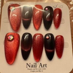 Red &‎ Black Glitter Rhinestone Press On Nails Fake Nail Art Set